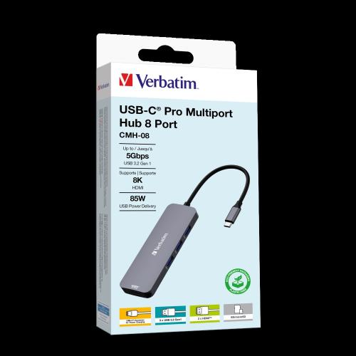 Verbatim Usb C Pro Multiport Hub Cmh 08 2 X Hdmi 3 X Usb A Sd Microsd Usb C 32151 1